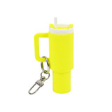 A bright yellow mini tumbler keyring featuring a straw and a clip for attachment. Includes a handle and a branding logo.