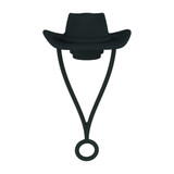 A black silicone straw cover shaped like a brim hat, featuring an attached loop for easy handling.