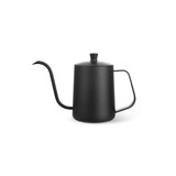 A black stainless steel pour over kettle with a long spout and a lid, featuring a simple handle design.