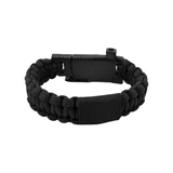 A black 4 in 1 outdoor paracord survival bracelet with a clasp and textured design. It features a logo.