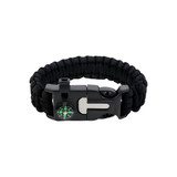 A black survival bracelet featuring a compass and a multi-functional clasp. It has a durable paracord design.
