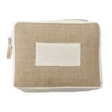 A jute cosmetic bag with a natural brown and cream design, featuring a simple logo on the front.