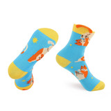 Ear-shaped crew kids' socks featuring a bright blue base with playful orange cats and yellow accents. Details include a logo.