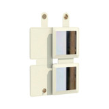 A square folding pocket mirror in cream, featuring two reflective surfaces and a logo.