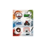 Custom shoe charms in various designs, including basketball, soccer, cycling, swimming, baseball, and hockey, featuring vibrant colours.