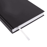 A black A5 diary features a smooth cover and a white ribbon bookmark. It has a sleek, modern design.