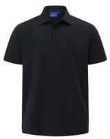 A black men's polo shirt made from high-performance graphene, featuring a short sleeve and collar design.