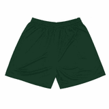 A pair of dark green shorts with an elastic waistband, featuring a smooth fabric texture.