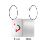 A metal luggage tag with a silver finish, featuring a red design on one side and a plain back.