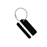 A square brushed aluminium luggage tag in black with a silver stripe and a metal cable attachment. Features a logo.
