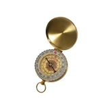 A brass compass with a detailed compass rose design, featuring a clear lid and a key ring for attachment.