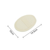 A natural cotton linen bath sponge pad in cream, oval-shaped, with a fabric back and measuring 14.5cm by 10cm.