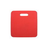A red promotional stadium seat cushion with a cut-out handle. It has a smooth surface and no visible branding.