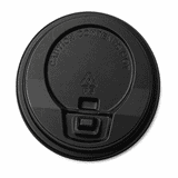 A black drink cup lid with a warning for hot contents and a circular design. It features a press-button opening.