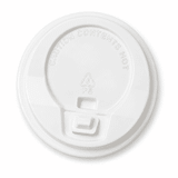 A white coffee cup lid with a caution notice, featuring a small opening for sipping.
