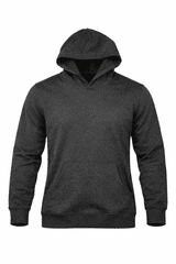 A dark grey men's hoodie with a front pocket and a hood, featuring a logo on the design.