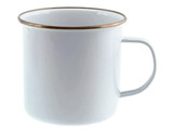 A 500ml white enamel mug with a gold-rimmed edge and a handle. It features a logo.