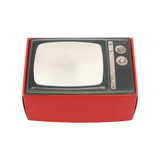 A retro TV-style gift box in red with a black television design and a mirror in the centre.