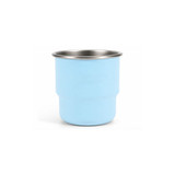 A stainless steel round bottom camping mug in light blue with a silver rim and a logo on the surface.
