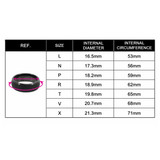 A table displaying sizes, internal diameters, and circumferences for NFC Carbon Fiber Rings in black.