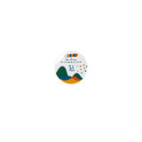 A round plate featuring a colourful abstract design with mountains and dots, alongside handwritten text.