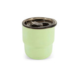 A green 220ml double wall stainless steel camping mug with a lid and a metal opening mechanism.