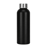 A drink bottle made from recycled aluminium, featuring a sleek black finish and a silver metal cap.