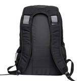 A black backpack with padded straps and back support. Features mesh side pockets and includes a logo.