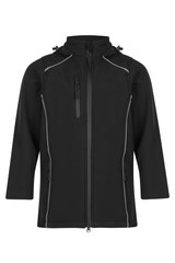 A black jacket with a zippered front, two side pockets, and reflective detailing. It features a hood and branding.