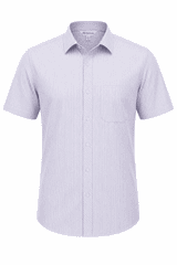 A short-sleeve, button-up men's shirt in light purple with a pocket and a logo.