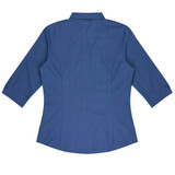 A blue button-up shirt with 3/4 sleeves, featuring a fitted design and a collar. Includes a logo.