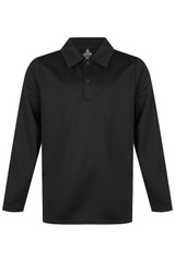 A black long-sleeve polo shirt with a collar and three buttons, featuring a logo at the neck.