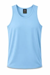 A light blue men's singlet featuring a collarless design and a logo tag. Ideal for casual wear.
