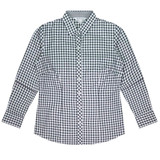 A long-sleeve button-up shirt featuring a black and white check pattern, with a collar and a logo.