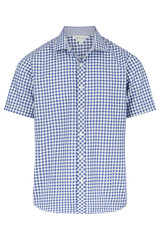 A short sleeve button-up shirt in blue and white gingham pattern, featuring a logo on the chest.