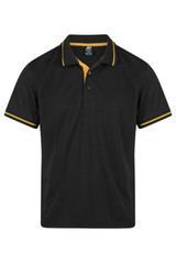 A black polo shirt with yellow accents on the collar and sleeves, featuring a logo on the chest.