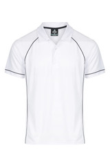 A white polo shirt featuring black piping and a logo at the collar. Short-sleeved design.