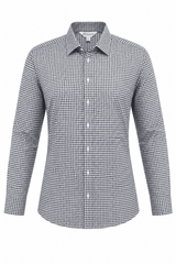 A long sleeve button-up shirt in a black and white checked pattern, featuring a classic collar and a logo.