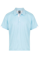 A light blue polo shirt with a collar and short sleeves, featuring white accents and a logo.