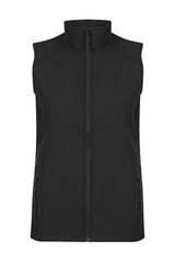 A black sleeveless vest with a front zip and side pockets, featuring a logo on the upper left.