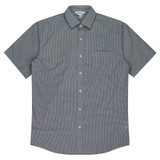 A short-sleeve button-up shirt in a black and white check pattern, featuring a single chest pocket and a collar.