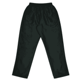 Black track pants with an elastic waistband, featuring a loose fit and no visible logos.