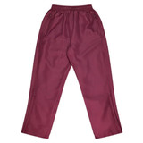 Maroon men's track pants with an elastic waistband and side pockets, featuring a logo.