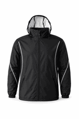 A black jacket with a hood, featuring reflective detailing and elasticised cuffs. It has a logo on the chest.