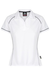 A white polo shirt with black piping, featuring a collar and a logo. Designed for women's wear.