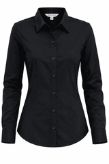 A long sleeve black button-up shirt with a fitted design and a collar. Features a logo on the brand label.