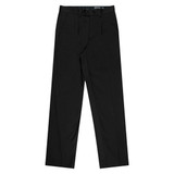 Black pleated men's pants with a waistband and pockets, featuring a logo. Suitable for formal wear.