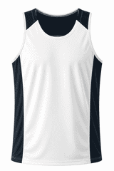 A men's singlet featuring a white front and navy blue sides, designed for casual wear or athletic use.
