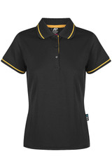 A black polo shirt with a yellow collar and sleeve trim, featuring a logo. Suitable for casual or semi-formal wear.