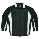 A dark green track top with white side panels and a zip front. It features a collar and elasticated cuffs.